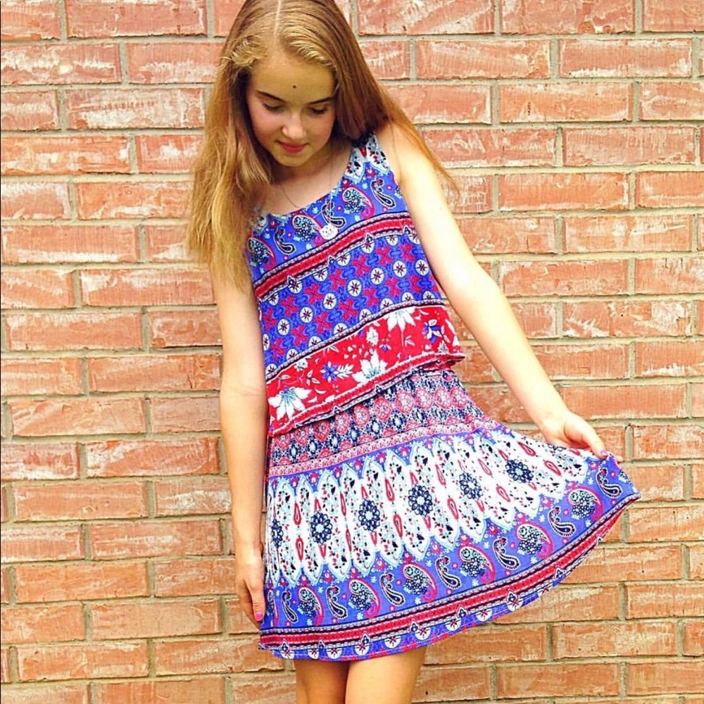 Francesca’s Patriotic Blue and Red Patterned Dress